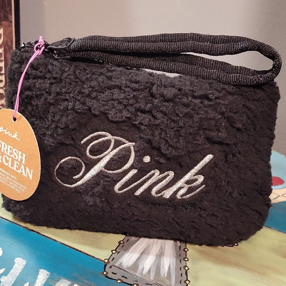 PINK Victoria's Secret Black Sherpa Cosmetic Bag